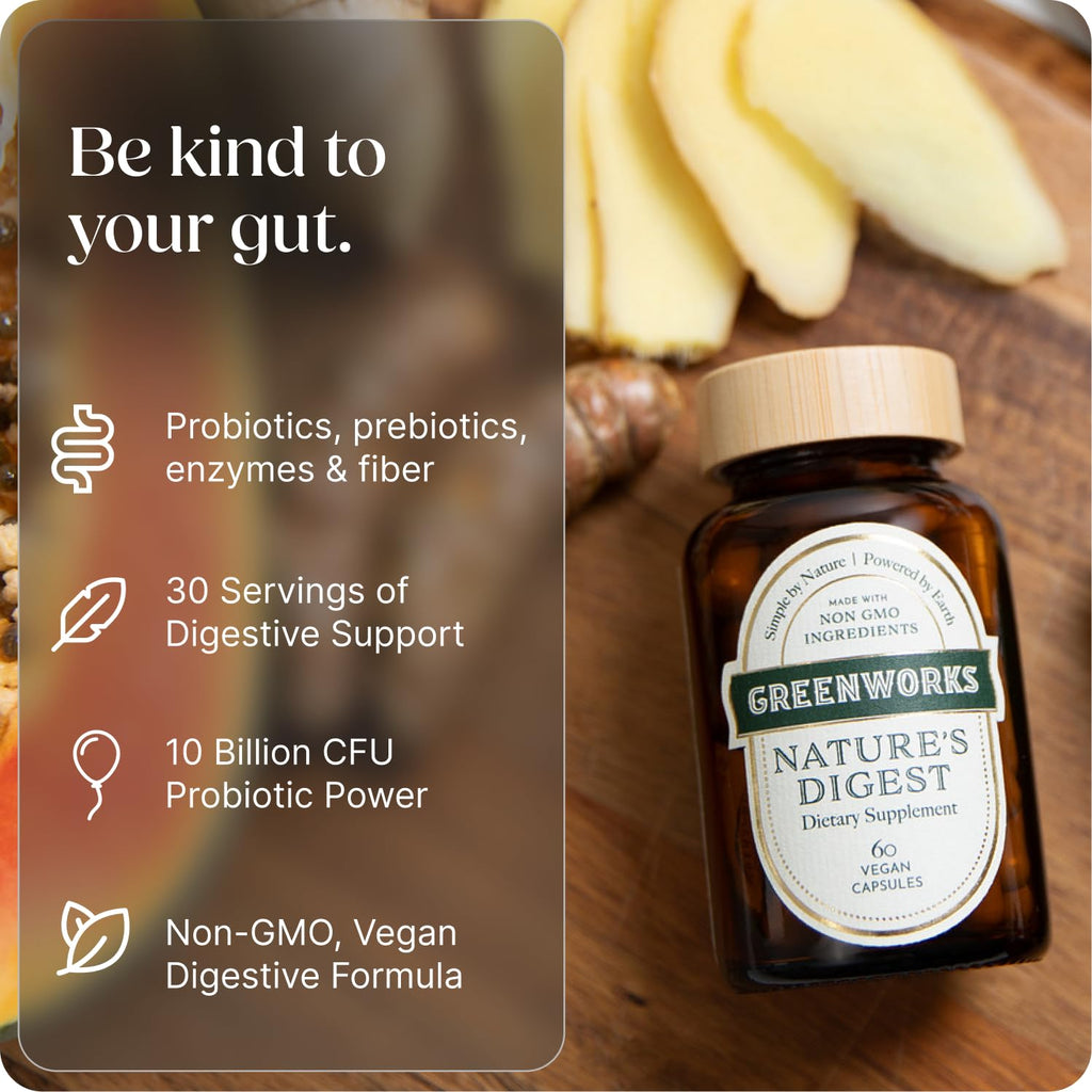 Greenworks Nature's Digest 10 Billion CFU Probiotic for Adults | Daily Gut Health Supplement with Saccharomyces Boulardii, Psyllium Husk, Bromelain,