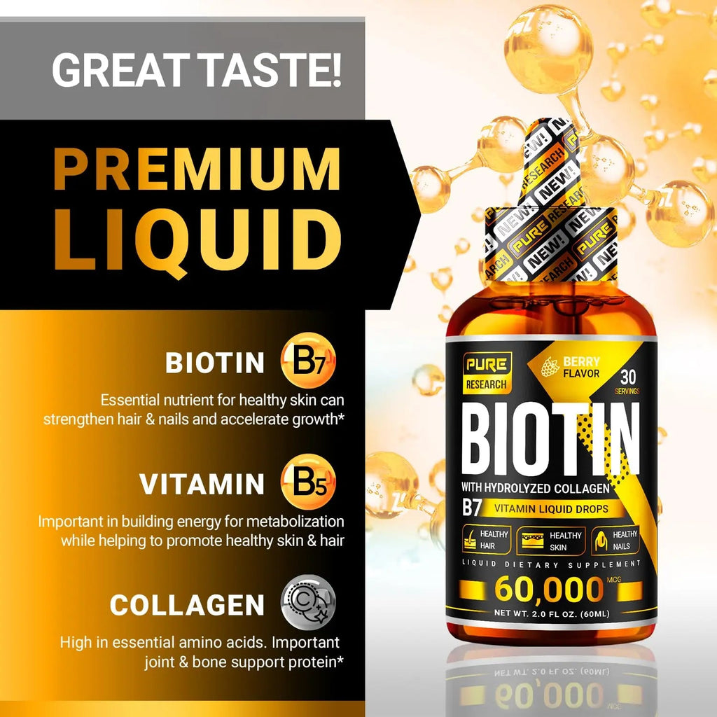 PURE RESEARCH Liquid Biotin & Collagen Hair Growth Drops 60,000mcg – Biotin and Liquid Collagen Supplements for Women & Men – Supports Glowing Skin PURE RESEARCH Au supplements