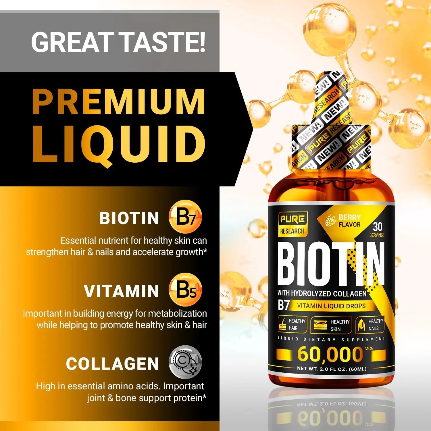 PURE RESEARCH Liquid Biotin & Collagen Hair Growth Drops 60,000mcg – Biotin and Liquid Collagen Supplements for Women & Men – Supports Glowing Skin PURE RESEARCH Au supplements