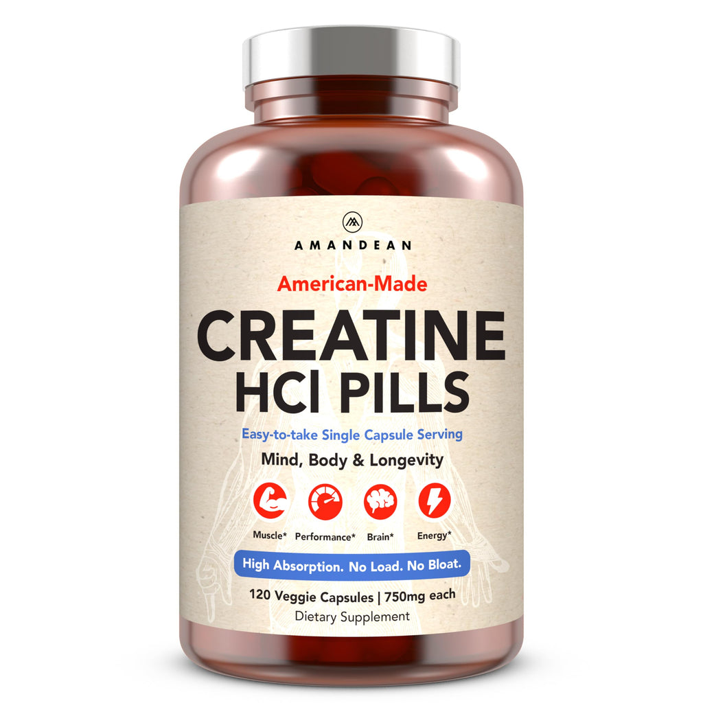 AMANDEAN Creatine HCl Pills. American Made CON-CRET. 120 Capsules. 7X Concentrated vs Monohydrate Powder. No Bloat. Muscle, Energy, Cognitive, Recovery Support for Men & Women. Gluten Free, Non-GMO. AMANDEAN Au supplements