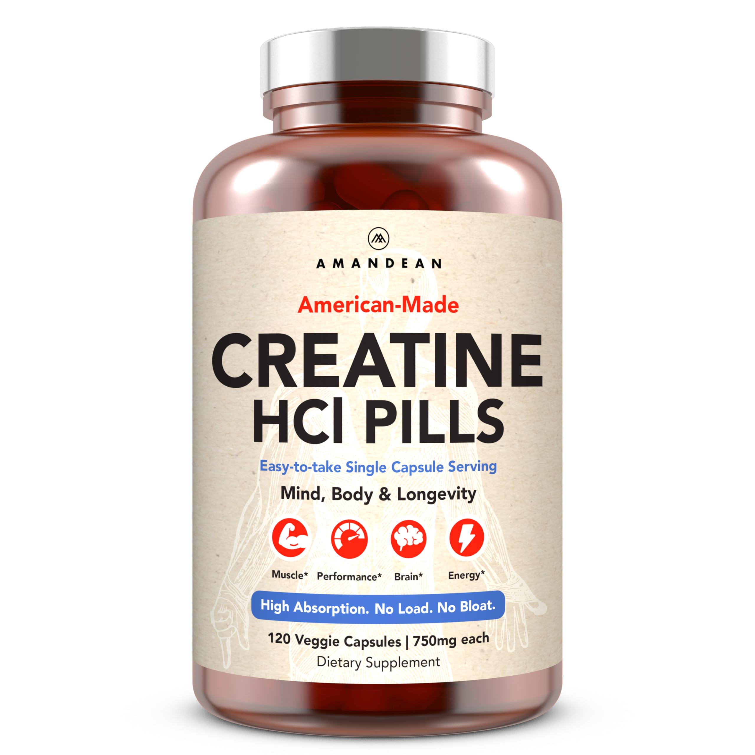 AMANDEAN Creatine HCl Pills. American Made CON-CRET. 120 Capsules. 7X Concentrated vs Monohydrate Powder. No Bloat. Muscle, Energy, Cognitive, Recovery Support for Men & Women. Gluten Free, Non-GMO. AMANDEAN Au supplements
