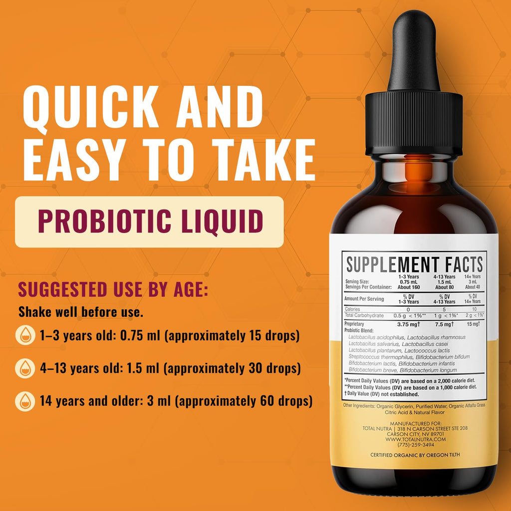 Total Nutra USDA Organic Liquid Probiotic for Kids, Women & Men, Toddler Probiotic Drops with Alfalfa Prebiotic Blend + Acidophilus for Gut Health, Vegan
