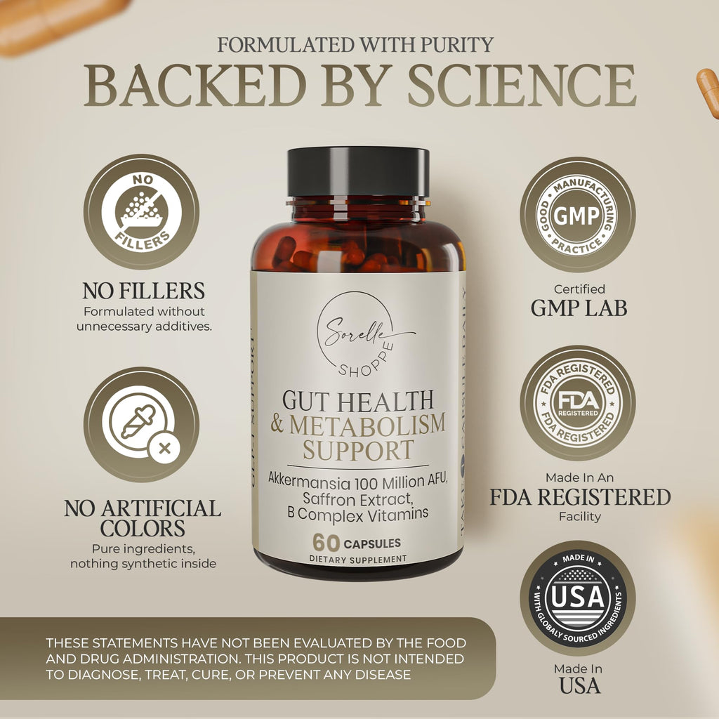 SORELLE SHOPPE Akkermansia Muciniphila Probiotic + Saffron + B Complex | Core Gut Health & Daily Wellness | Mood & Metabolism Support