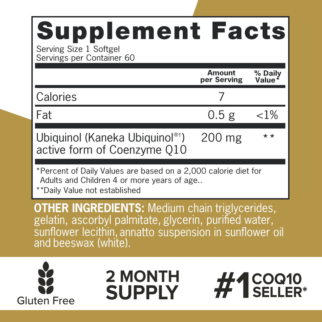 Qunol 200mg Ubiquinol, Powerful Antioxidant for Heart and Vascular Health, Essential for energy production, Natural Supplement Active Form of CoQ10, 60 Count