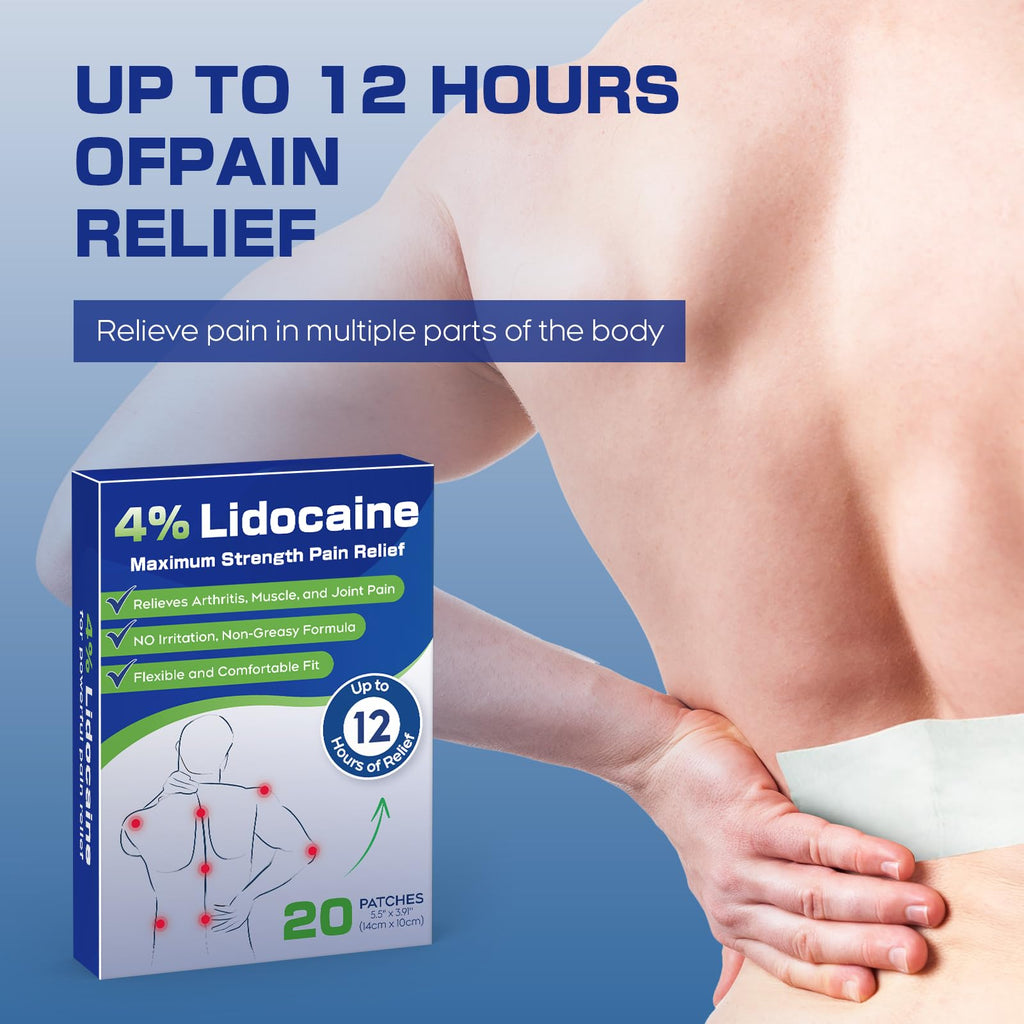 Uposiut 4% Lidocaine Patches - 20 Count Maximum Strength Lidocaine Patches, 10 Packs of 2 Patches for Muscle Pain Relief in The Neck, Shoulders, Back, Knees, and Anks, 12 Hour Pain Relief-012345 Uposiut Au supplements