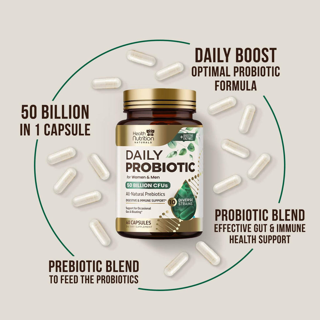 Probiotics 50 Billion CFU per Serving - 10 Strains + Prebiotics - Digestive Health, Gut & Immune Support - Occasional Constipation, Gas & Bloating Support for Women & Men, Bottled USA - 60 Capsules Health Nutrition Naturals Au supplements