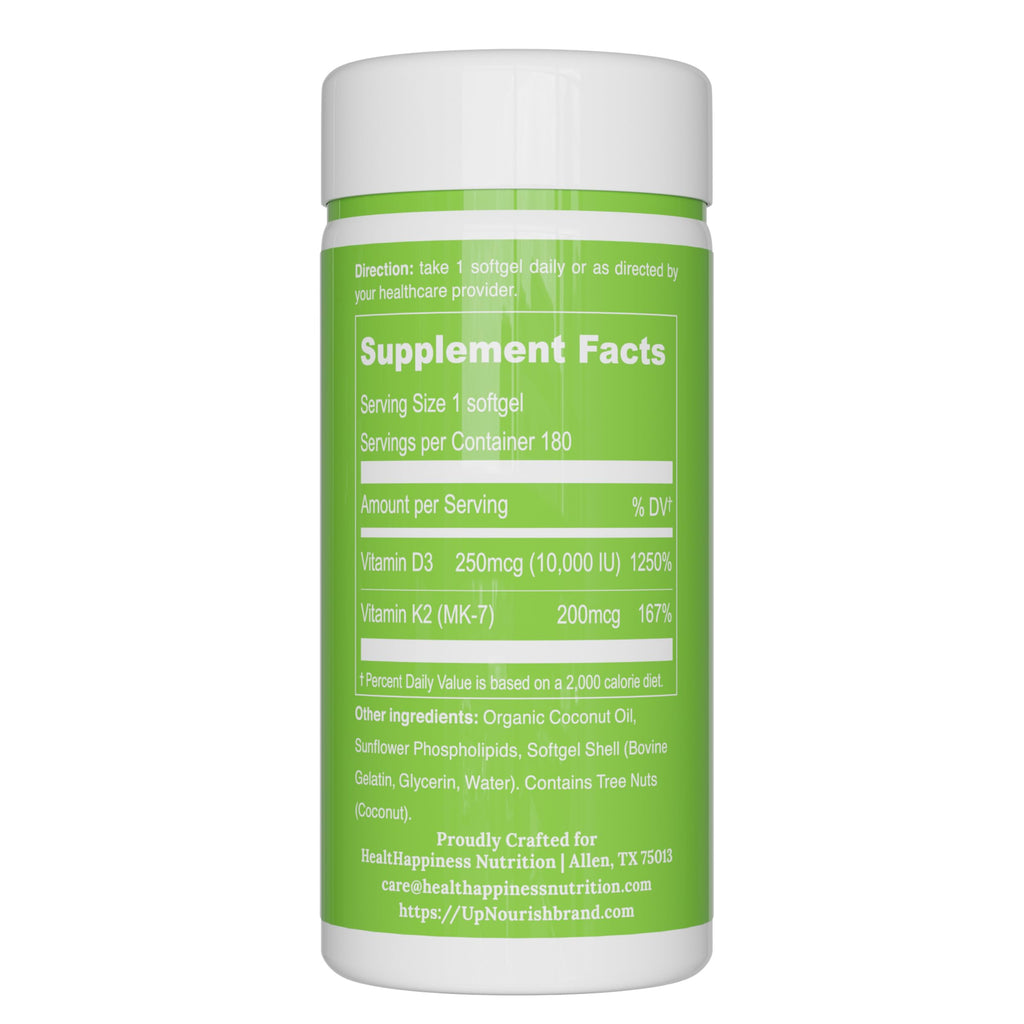 UpNourish Liposomal D3 K2 Vitamin 10000 IU D3 and K2 MK-7 200 mcg - 180 Vitamin D3 k2 (Vitamina D3 con K2) Mini Softgels - Easy to Swallow K2 D3 Vitamin UpNourish Au supplements