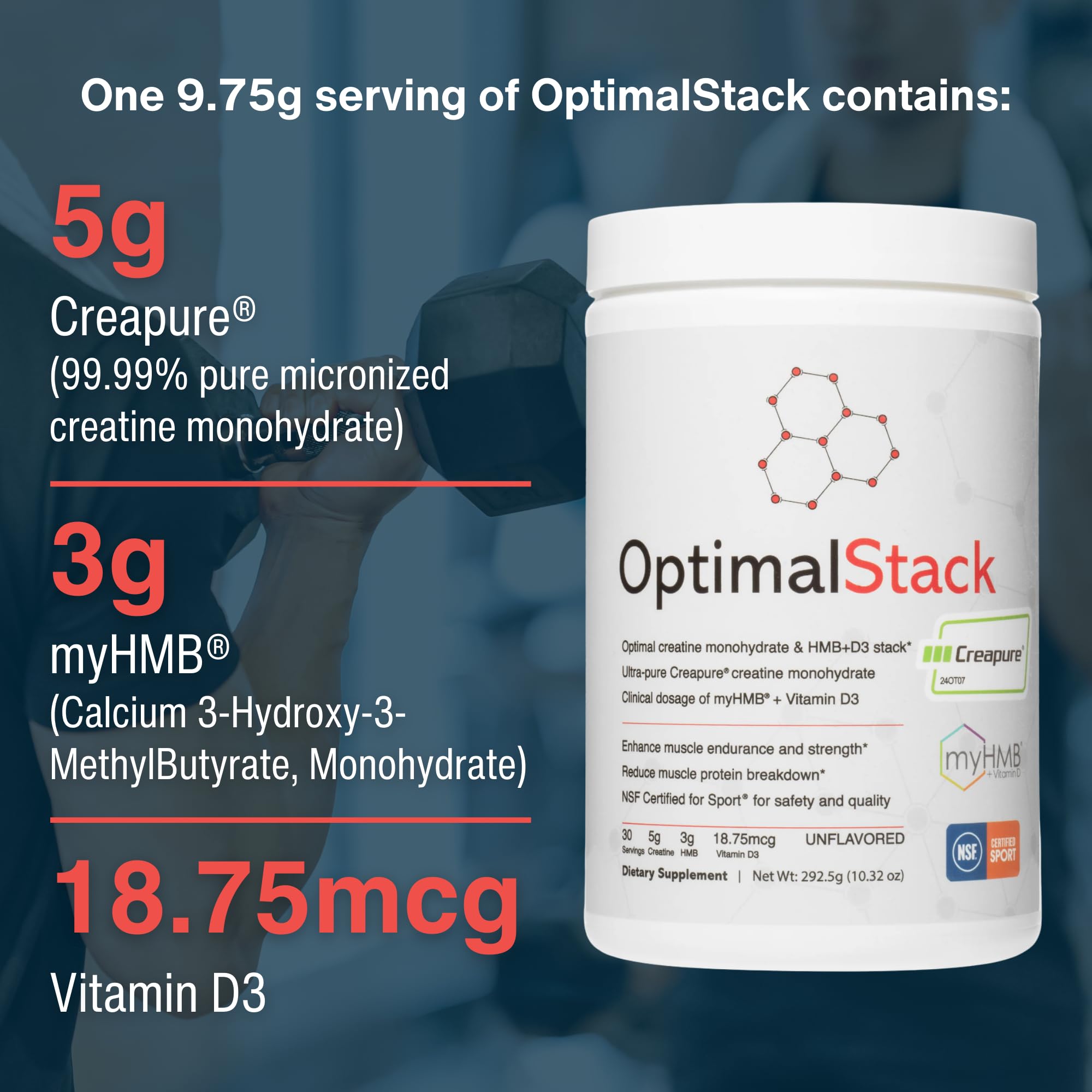 OptimalStack Creatine Monohydrate, HMB, & Vitamin D3 Stack | with Creapure Creatine, Clinical Dosage of myHMB, and Vitamin D3 | NSF for Sport Certified | Unflavored, 30 Servings OptimalAmino Au supplements