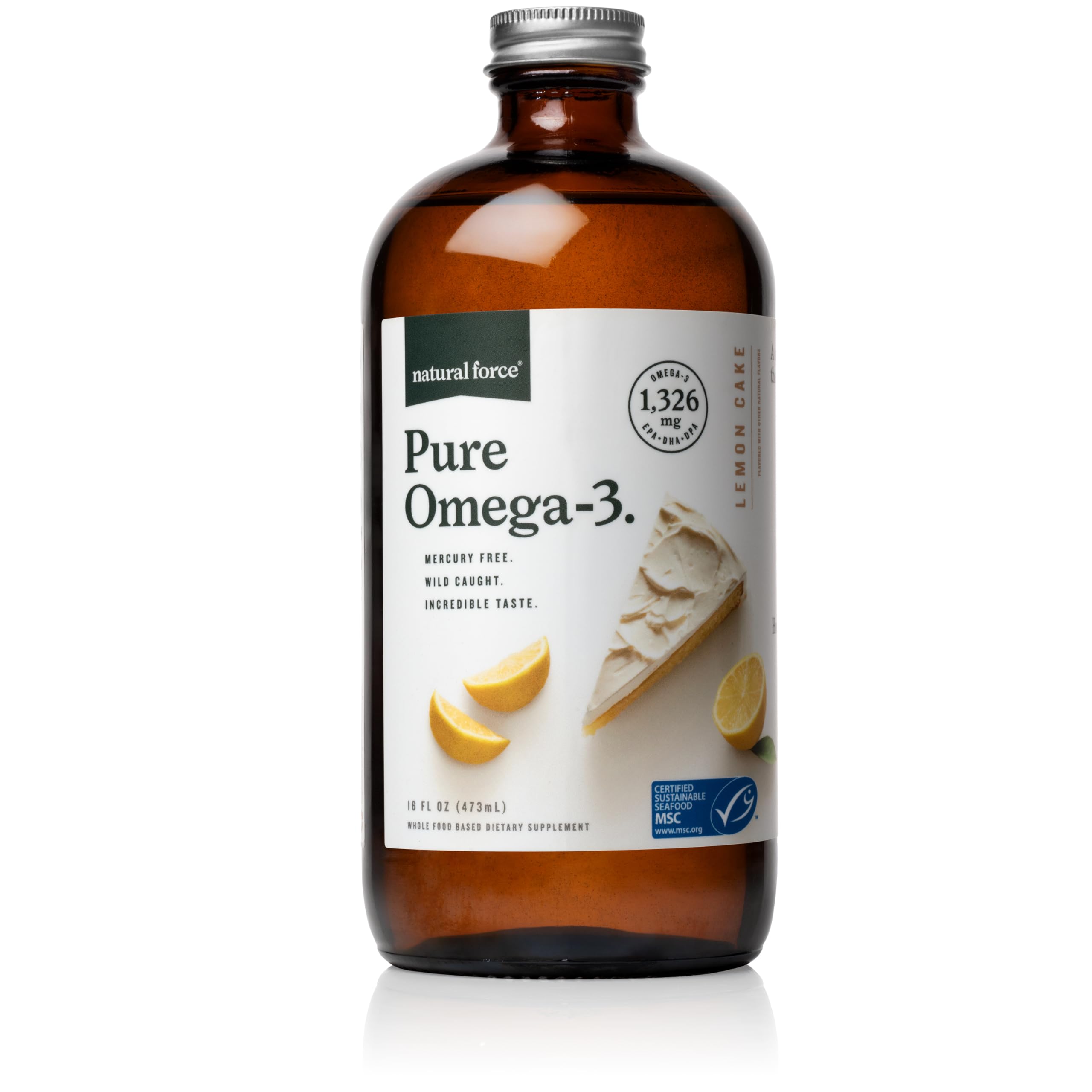 Natural Force Pure Omega 3 - Liquid Fish Oil - Delicious Lemon Cake Flavor - Mercury Free, Wild Caught, Lab Tested - 1,326 mg Triglyceride EPA, DHA, & DPA - 16 Oz Glass Bottle Natural Force Au supplements