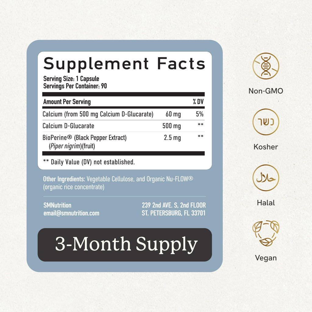 Calcium D-Glucarate | 500MG | CDG for Liver Detox and Cleanse, Hormone Balance, and Menopause Support | Calcium Supplement | Vegan, Non-GMO, Third-Party Tested | 90 Capsules (3-Month Supply) SMNutrition Au supplements