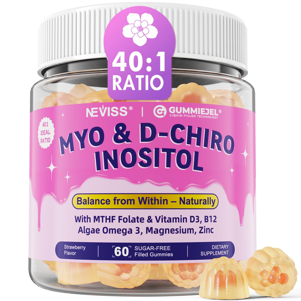 Myo-Inositol & D-Chiro Inositol, Hormone Balance for Women | Sugar Free Inositol Gummies w/Omega 3, MTHF Folate, Vitamin D3, B12, Magnesium & Zinc for Ovarian Health, Ideal 40:1 Ratio, Vegan, 60 Cts NEVISS Au supplements