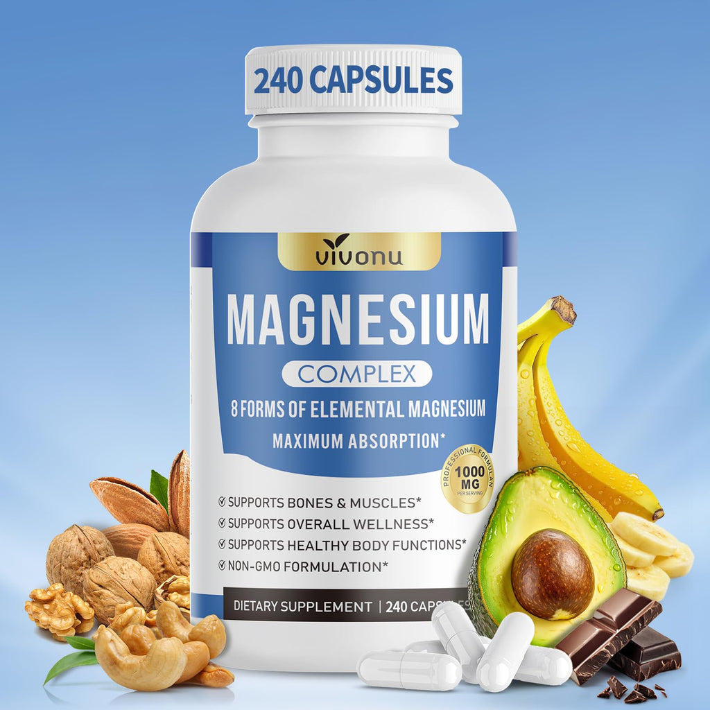 1000mg Magnesium Complex Capsules, 8-in-1 Magnesium Glycinate, Citrate, Malate, Taurate, Oxide, Carbonate, Aspartate, Orotate - 240 Capsules VivoNu Au supplements