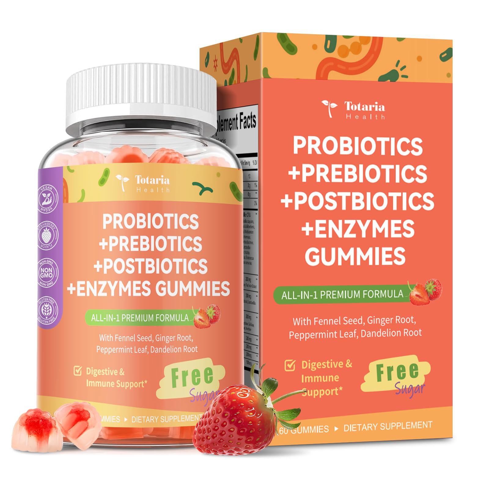 Totaria Sugar Free 5-in-1 Probiotic Prebiotic Postbiotic Gummy, 36 Strains Probiotics for Women Men with Digestive Enzymes, Peppermint, Complete Immune,