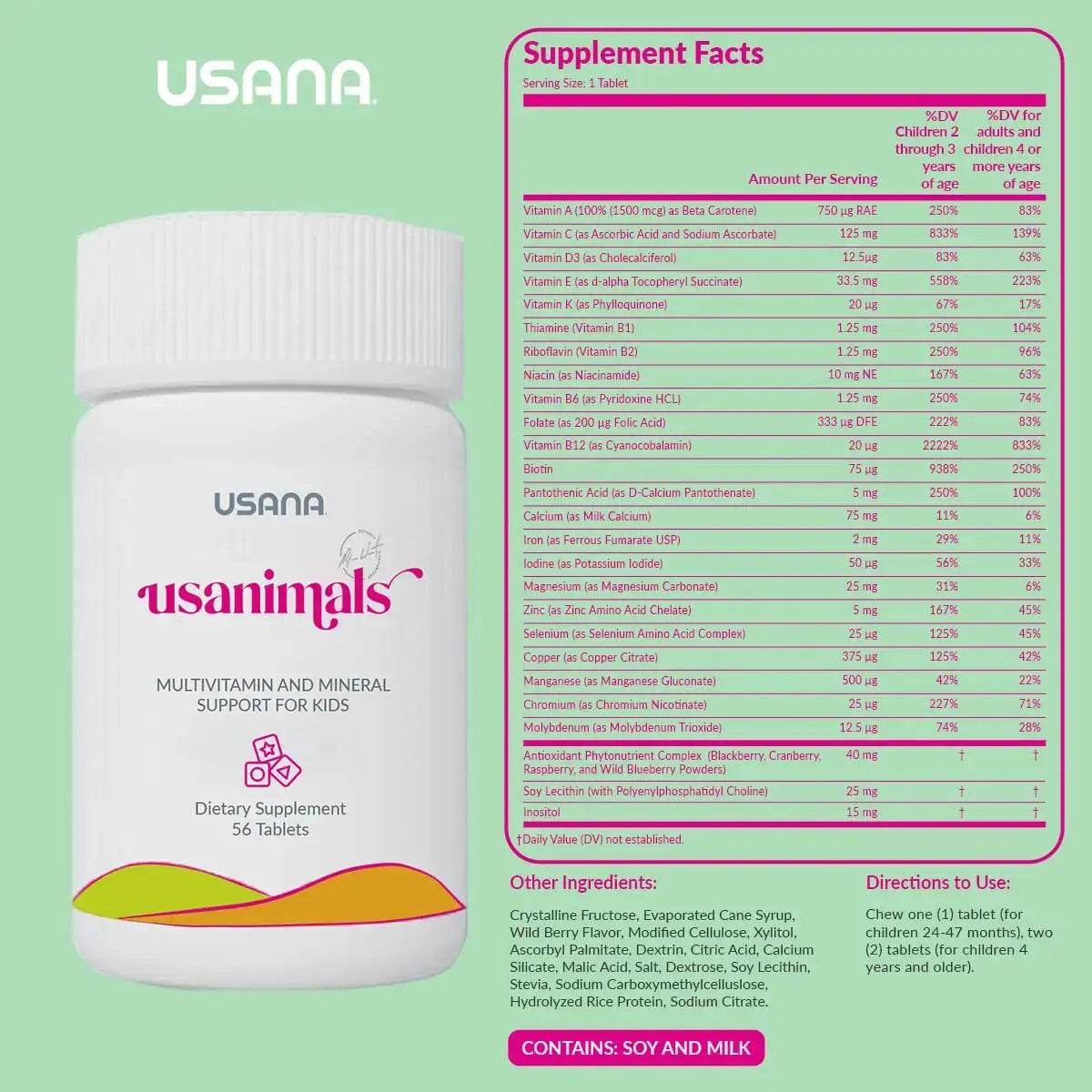 USANA Usanimals Multivitamin for Kids - Daily Chewable Tablets with Vitamins A, C, D, E, B6, B12, Zinc, Iron - Supports Immune, Bone & Brain Health USANA Au supplements