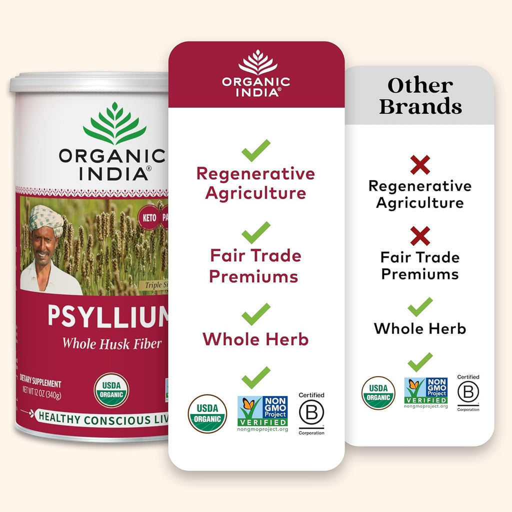 ORGANIC INDIA Psyllium Herbal Powder - Whole Husk Fiber, Vegan, Gluten-Free, USDA Certified Organic, Non-GM
