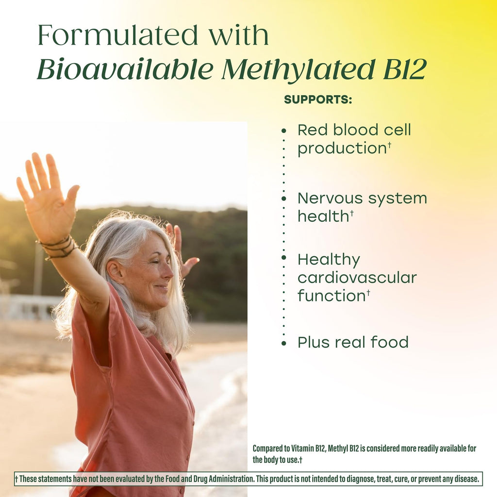 MegaFood Methyl B12 - Vegan - Includes Methyl Folate, Vitamin B12 & B6 - Supports Cellular Energy Production, Nervous System Health