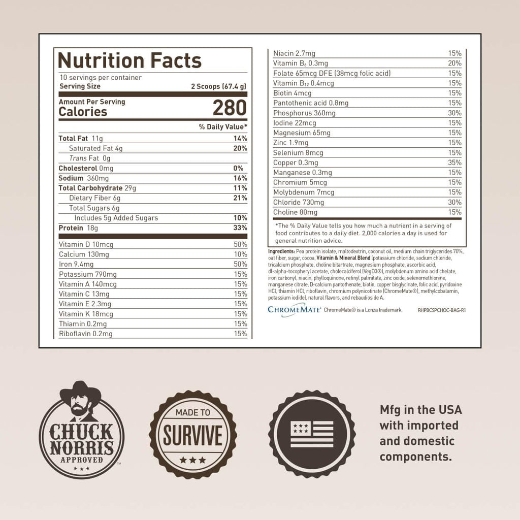 Basecamp Complete Nutrition Shake by Chuck Norris Roundhouse Provisions – Plant-Based Emergency Meal with 18g Protein & 28 Essential Nutrients – Rich Chocolate Flavor – 10 Servings, 3-Year Shelf Life ROUNDHOUSE PROVISION Au supplements
