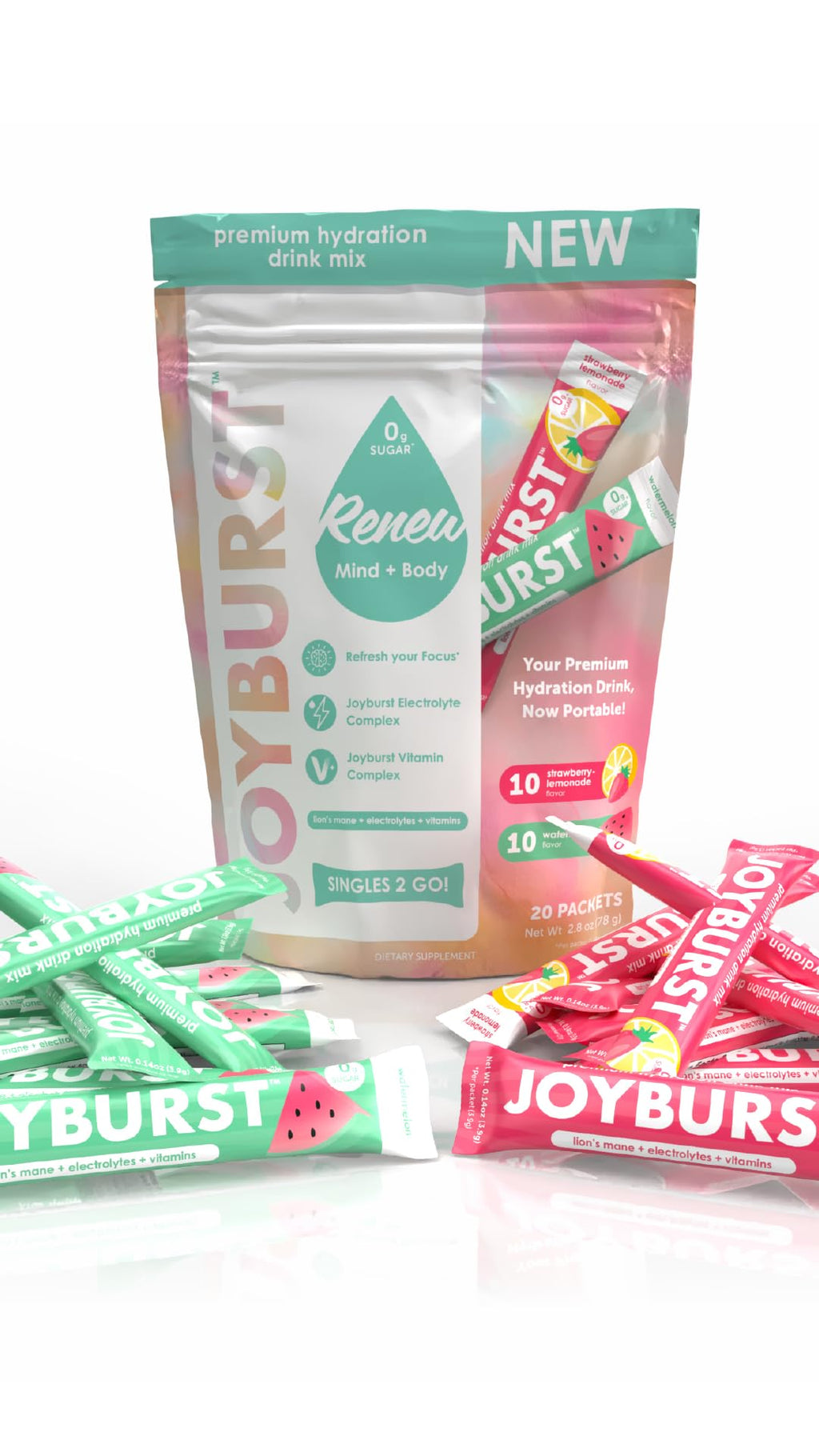 Joyburst Sugar Free Electrolytes Powder Packets, Instant Hydration Drink Mix Sticks, Variety Pack (10 Watermelon, 10 Strawberry Lemonade), Rehydrate On-The-Go
