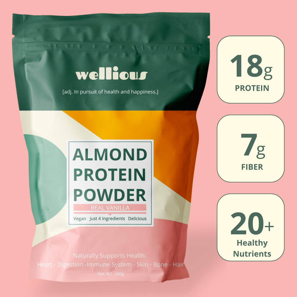 wellious Almond Protein Powder (Vanilla) - 18 Grams of Pure Healthiest Vegan Protein for Women & Men - Perfect Soy-Free & Smooth Gut Friendly Protein Powder for Sports Nutrition
