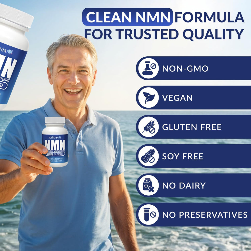 NMN Supplement 600 mg/Capsule Once Daily | 99% Pure Beta Nicotinamide Mononucleotide | Potent NAD⁺ Precursor | Supports Cellular Energy & Metabolism | Vegan, Non-GMO, Third-Party Tested & Gluten-Free AUTHENTA Au supplements