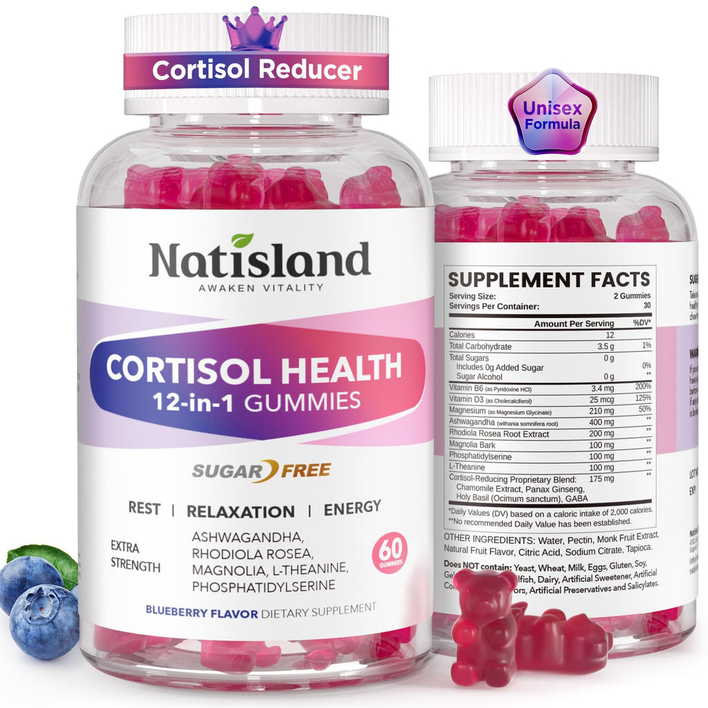 Cortisol Gummies, 12-in-1 Cortisol Reducer, with Magnesium Glycinate, Ashwagandha, L-Theanine, Phosphatidylserine, Vitamin B6 & D3, Rhodiola Rosea, for Men & Women, Sugar-Free, Vegan, NON-GMO, 60CT NATISLAND Au supplements