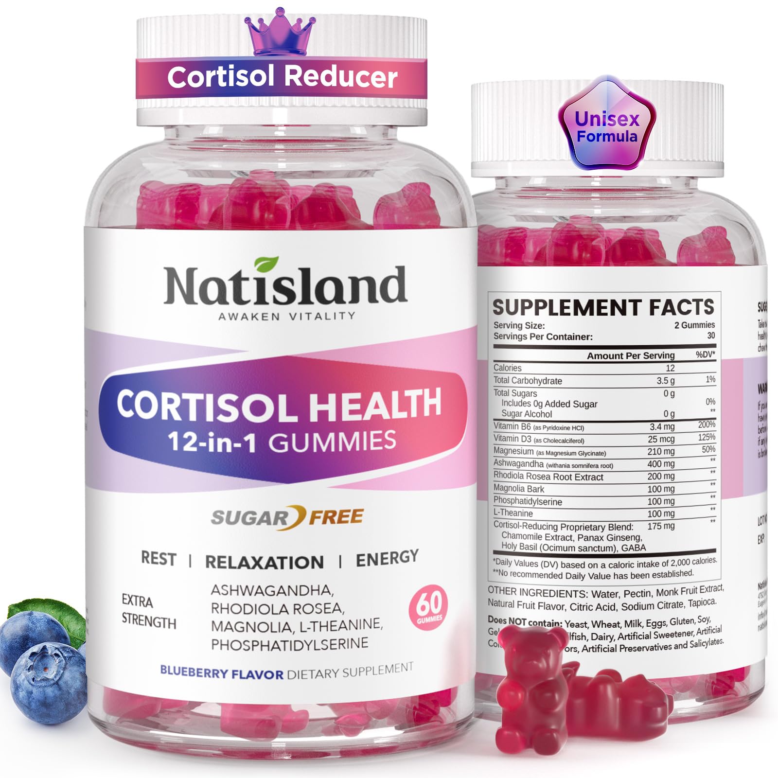 Cortisol Gummies, 12-in-1 Cortisol Reducer, with Magnesium Glycinate, Ashwagandha, L-Theanine, Phosphatidylserine, Vitamin B6 & D3, Rhodiola Rosea, for Men & Women, Sugar-Free, Vegan, NON-GMO, 60CT NATISLAND Au supplements
