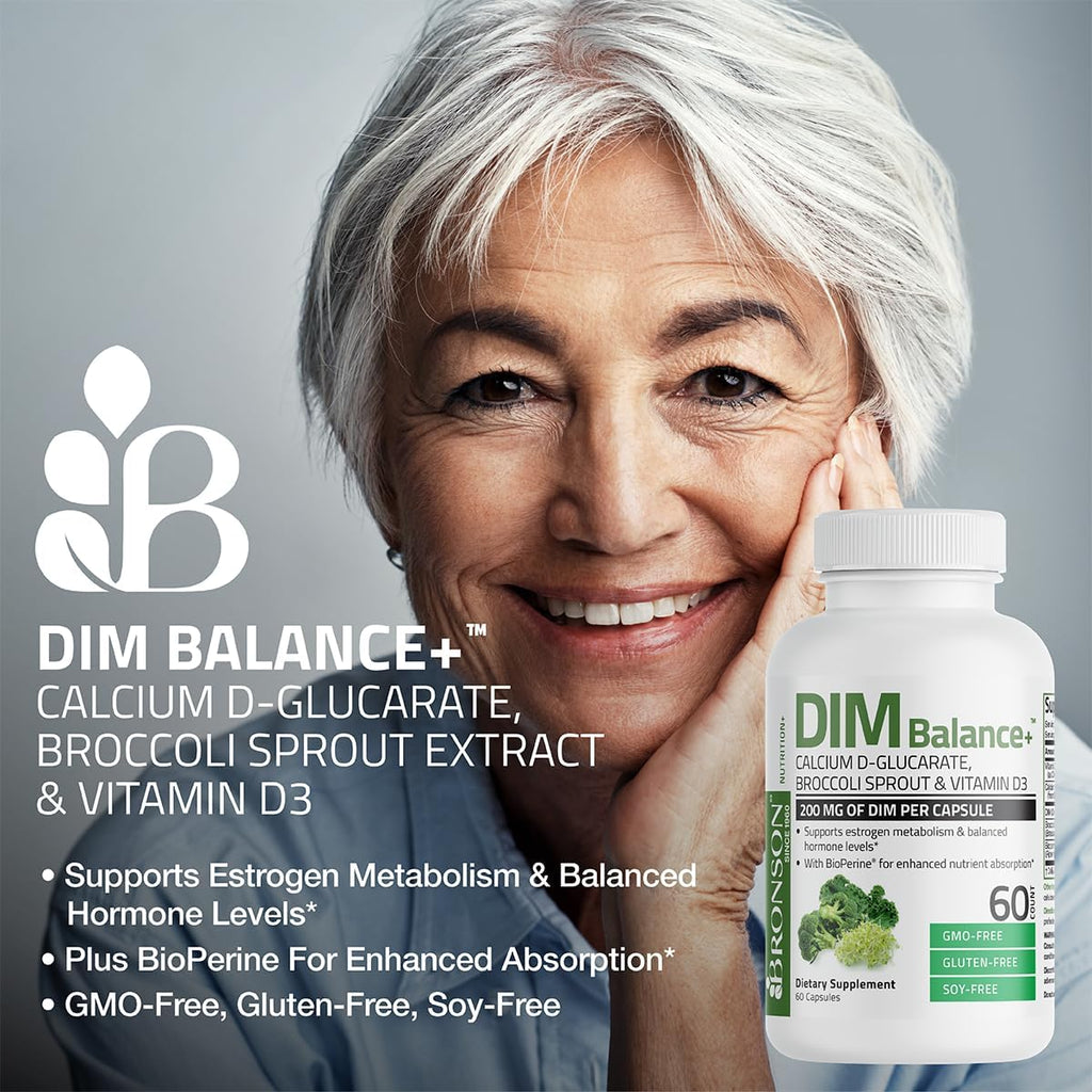 Bronson DIM Balance+ Calcium D-Glucarate, Broccoli Sprouts and Vitamin D3 200 MG of DIM per Capsule Supports Estrogen Metabolism and Balanced Hormone Levels Non-GMO, 30 Vegetarian Capsules Bronson Au supplements