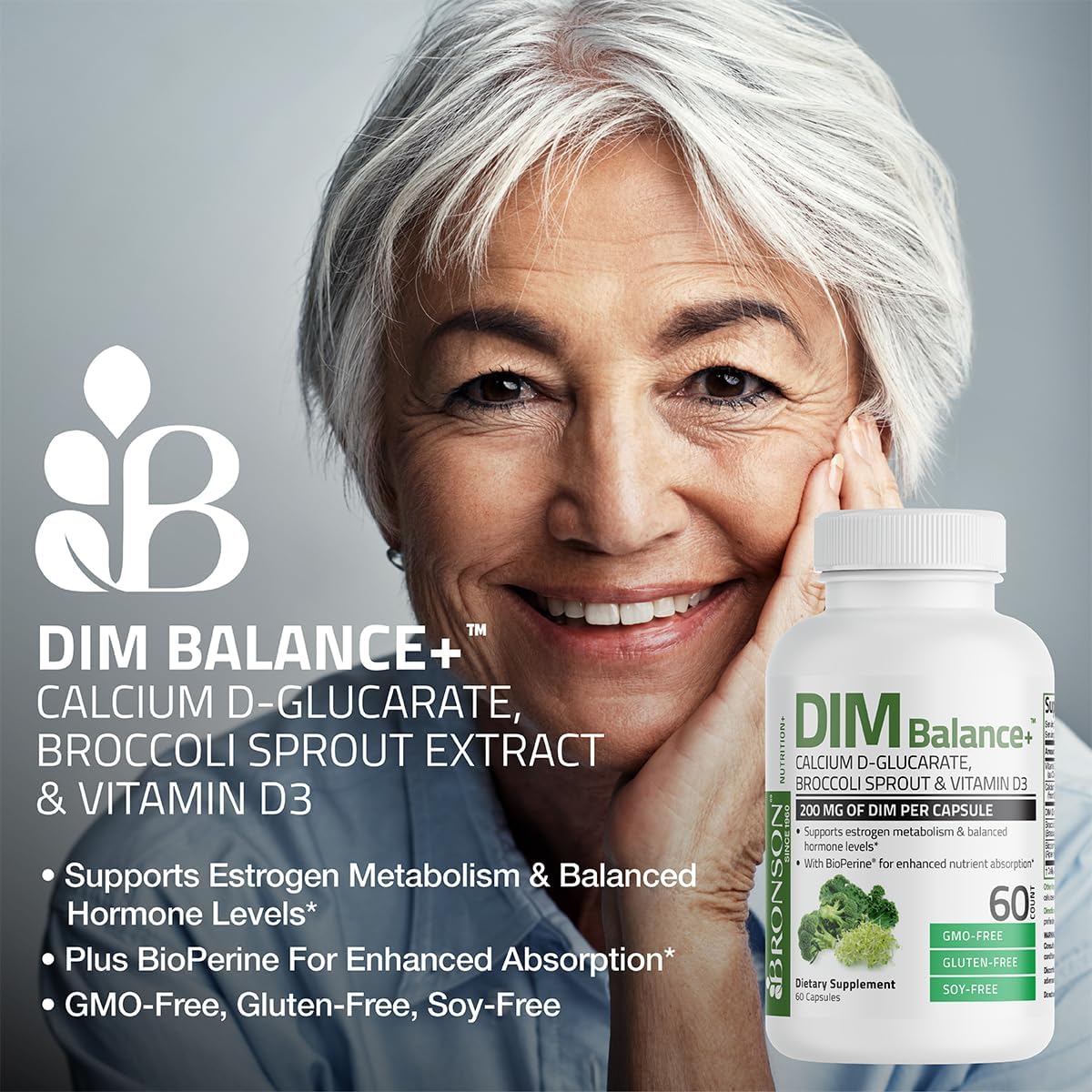 Bronson DIM Balance+ Calcium D-Glucarate, Broccoli Sprouts and Vitamin D3 200 MG of DIM per Capsule Supports Estrogen Metabolism and Balanced Hormone Levels Non-GMO, 30 Vegetarian Capsules Bronson Au supplements