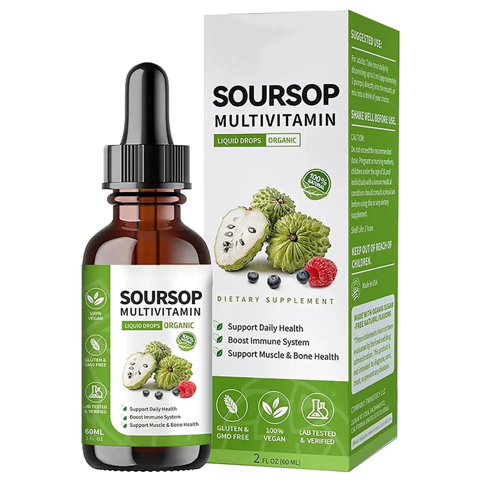 Soursop Bitters Liquid 2 Fl Oz, Soursop Graviola Leaf Extract Liquid Drop, Soursop Multivitamin Liquid Drops Organic for Cell Support, Immune System, Relax bogomo Au supplements