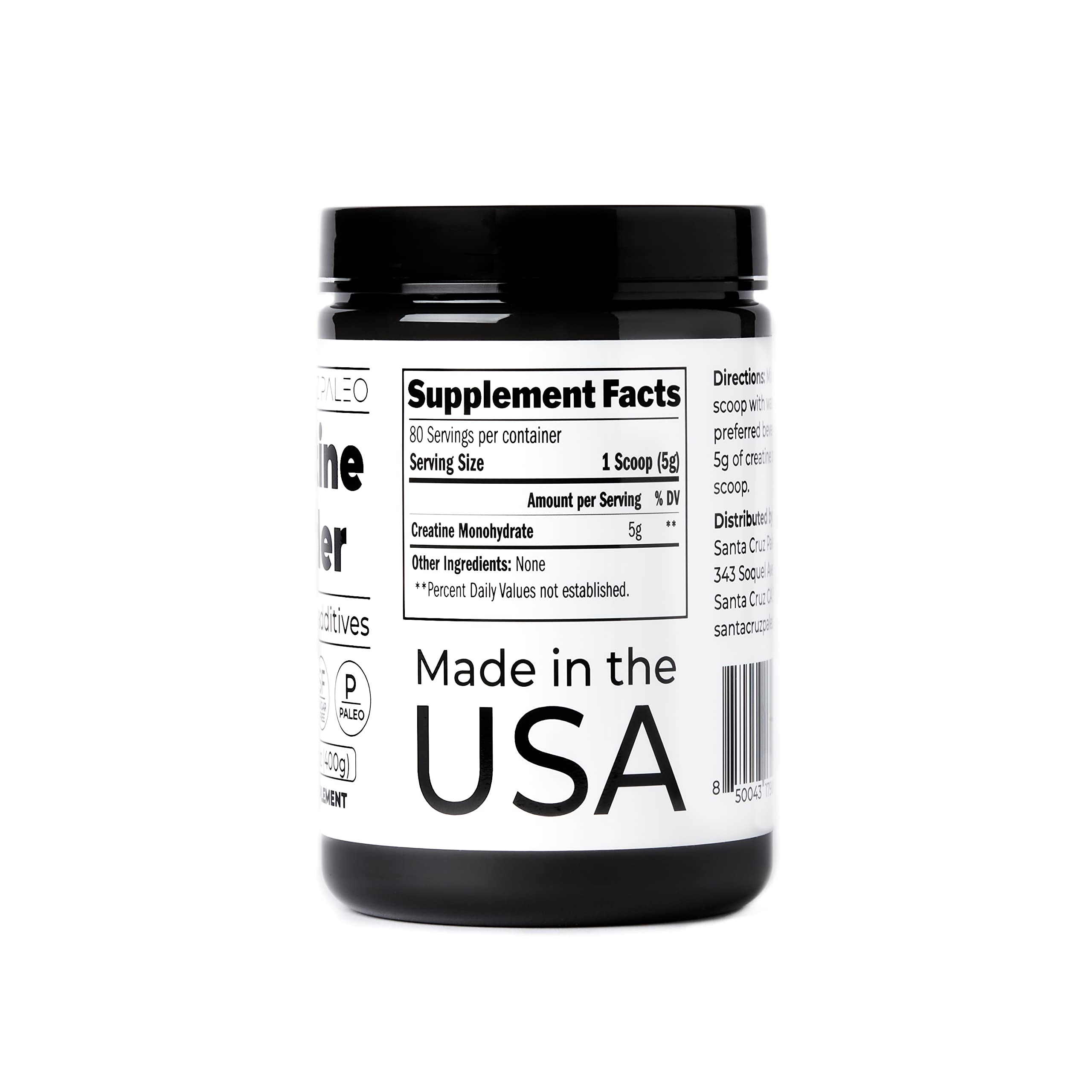 Santa Cruz Paleo, Creatine Monohydrate Powder Micronized, Unflavored Pre Workout and Muscle Support Supplement, Gluten Free Keto, Mix with Water or Shakes