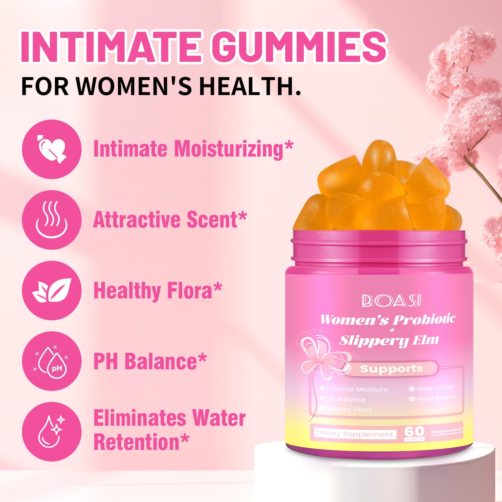 Boasi Women's Probiotics Slippery Elm Gummies,Her Juicy PH Balance,Vaginal Feminine Probiotics Pineapple Gummies,Digestive,Immune Health