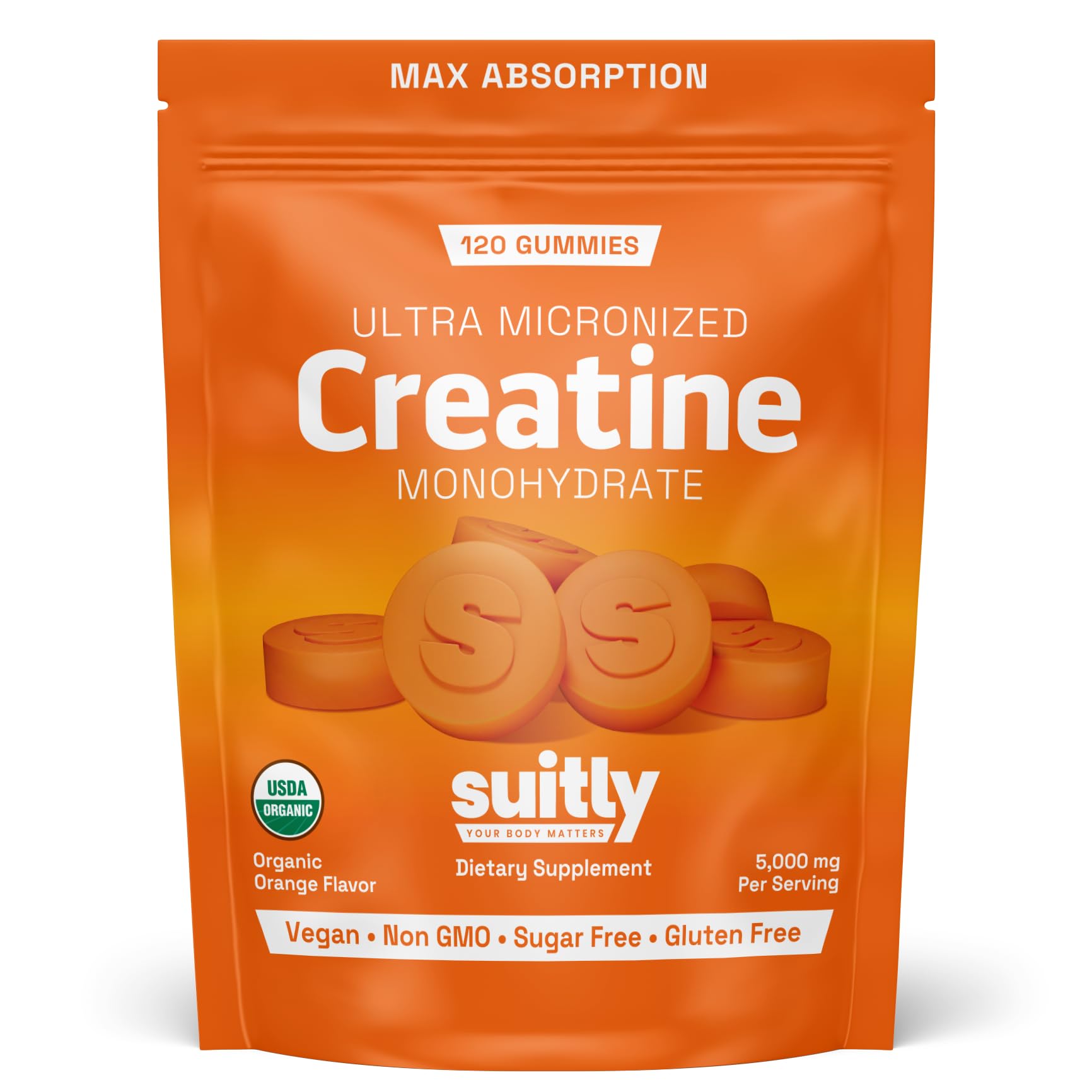 USDA Organic Ultra-Micronized Creatine Gummies for Men & Women; Orange Max Absorption 5g Creatine Gummies Sugar Free for Muscle Gain, Energy & Recovery; Muscle Builder for Women with Pouch - 120 Count Suitly Au supplements