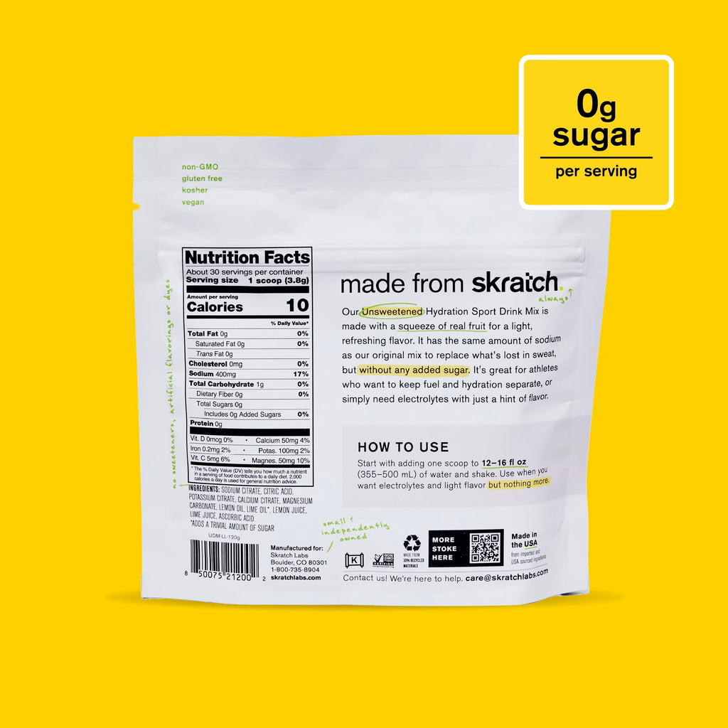 Skratch Labs Unsweetened Hydration Sport Drink Mix | Sugar Free | Electrolytes Booster | Lemon + Lime - 30 Servings | Non-GMO