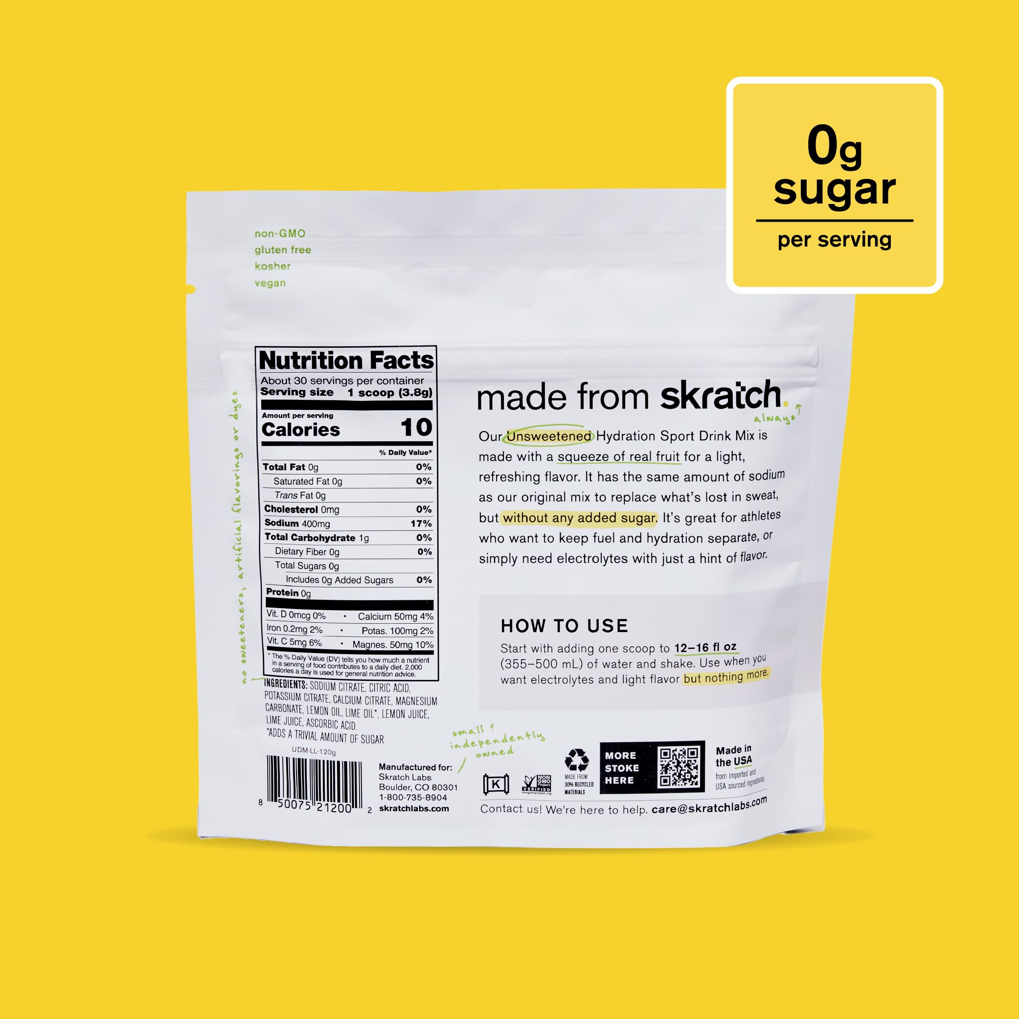 Skratch Labs Unsweetened Hydration Sport Drink Mix | Sugar Free | Electrolytes Booster | Lemon + Lime - 30 Servings | Non-GMO