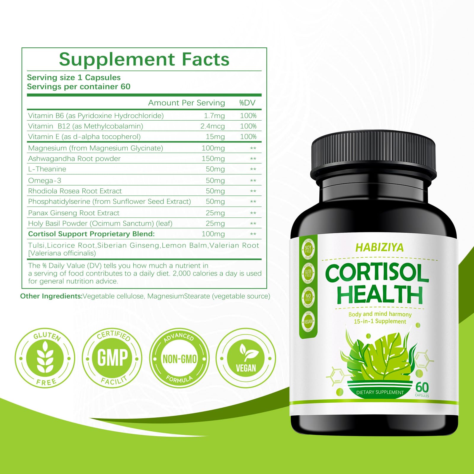 HABIZIYA Cortisol Manager Supplement for Women and Men Adrenal Support with Ashwagandha, Rhodiola Rosea, Holy Basil, Mood & Sleep Support - Non-GMO, Vegan Capsules (60 Count) HABIZIYA Au supplements