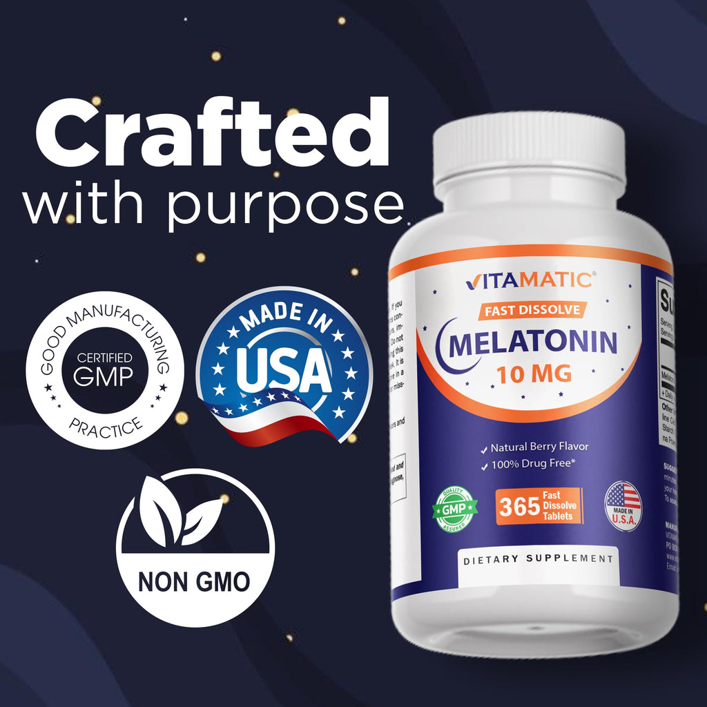 Vitamatic Melatonin 10 mg Fast Dissolve Tablets – Quick-Dissolving Sleep Support Supplement for Adults – Vegetarian, Non-GMO & Gluten-Free