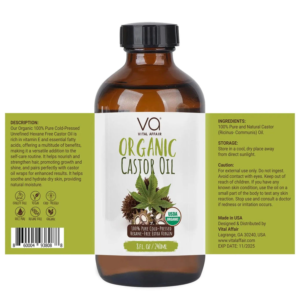 VITAL AFFAIR Castor Oil Organic Cold Pressed Unrefined Glass Bottle- USDA Certified Organic Castor Oil VITAL AFFAIR Au supplements