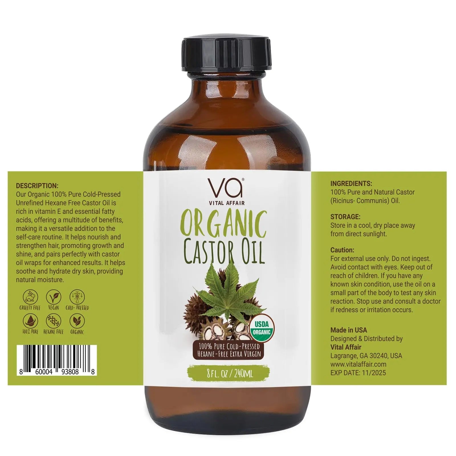 VITAL AFFAIR Castor Oil Organic Cold Pressed Unrefined Glass Bottle- USDA Certified Organic Castor Oil VITAL AFFAIR Au supplements