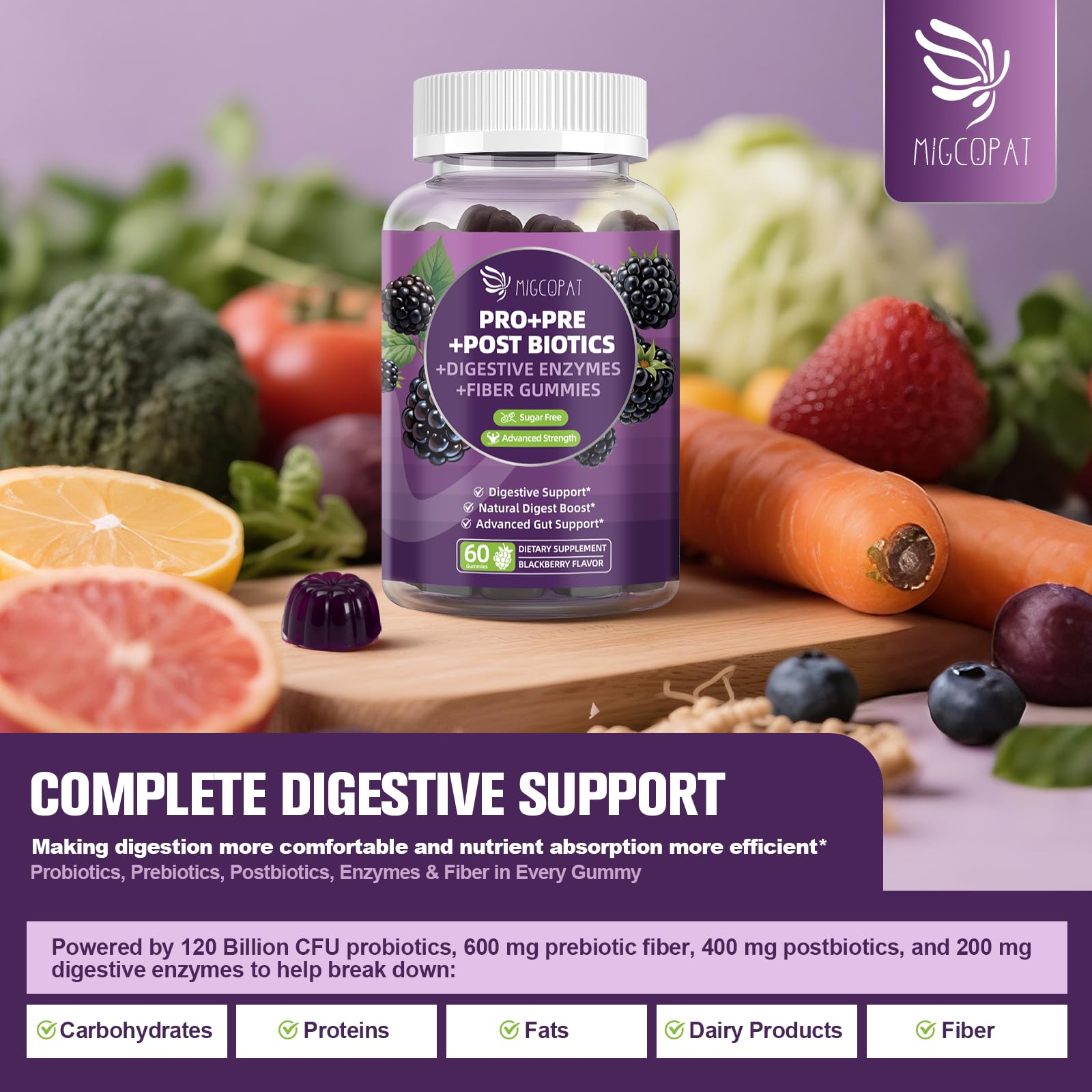 Migcopat Pre Post Probiotics Gummies, Probiotic Prebiotic Postbiotic Digestive Enzymes with Fiber, 120 Billion CFU Probiotics Complete Gut Support, Sugar Free