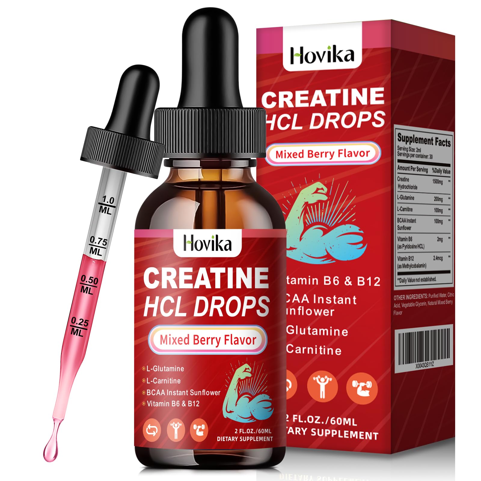 Creatine HCL Liquid Drops for Men & Women, Creatine Hydrochloride with L-Carnitine, L-Glutamine, BCAA, Vitamin B12 & B6 for Muscle Growth & Recovery-Vegan, Mixed Berry Flavor Flavor, 2 Fl Oz Hovika Au supplements