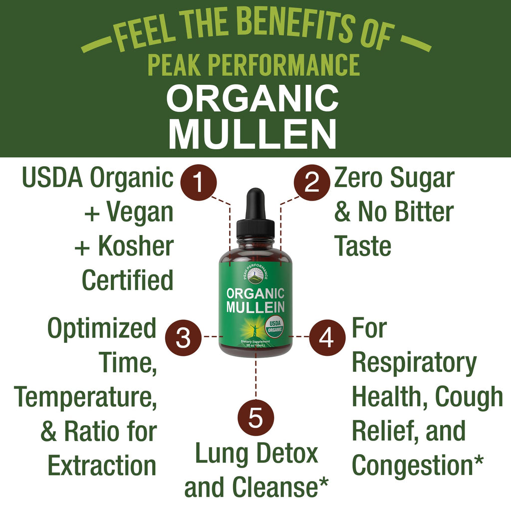 USDA Organic Mullein Leaf Drops for Lungs, Respiratory Health, Detox, Cleanse. High Bioavailability for Women, Men, Kids. Liquid Tincture Supplement. Sooth Lungs, Cough, Congestion. Vegan, Zero Sugar Peak Performance Au supplements