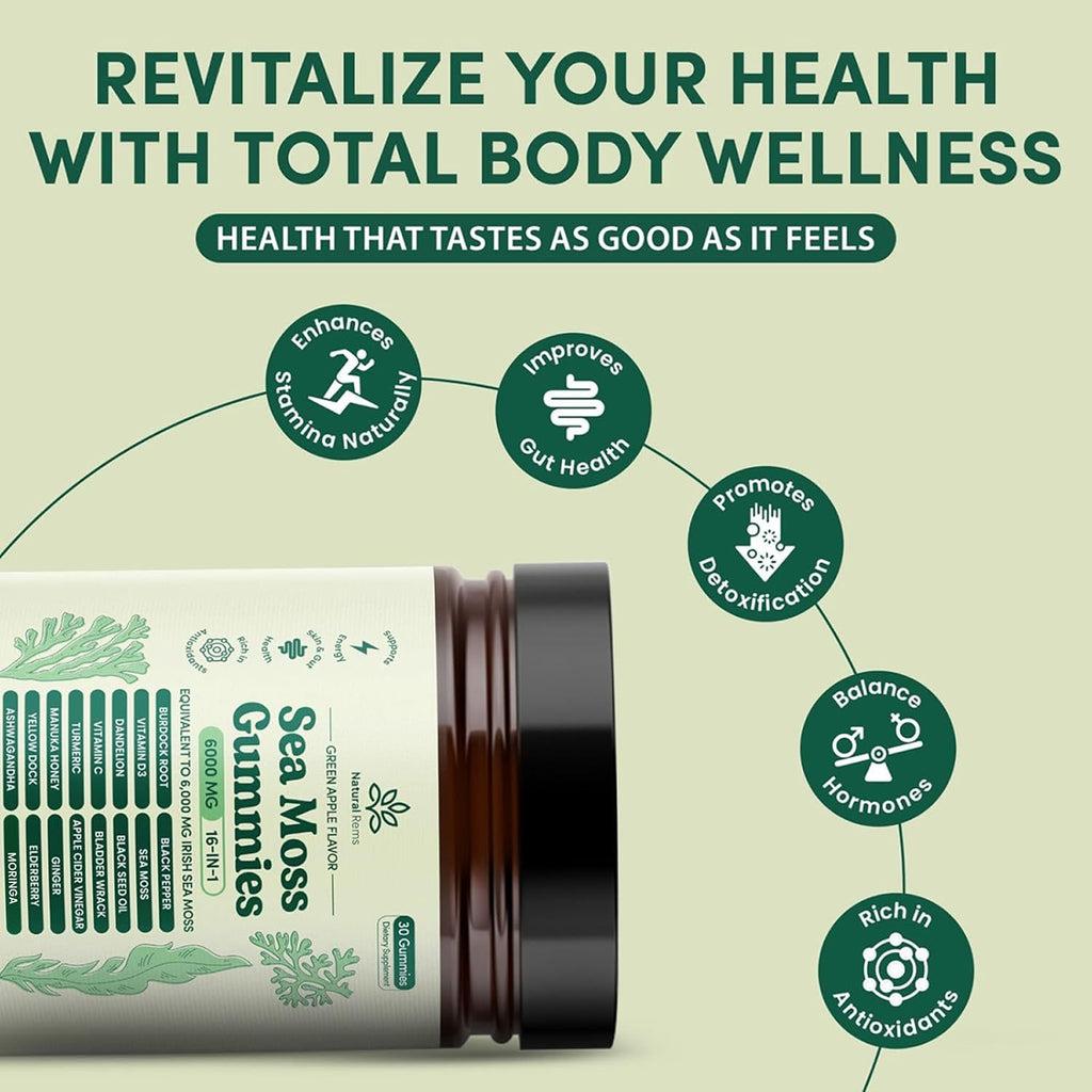 Natural Rems Sea Moss Gummies 16-in-1 - Ashwagandha Black Seed Oil Bladder Wrack Turmeric Vitamin C & D3 with Manuka Burdock Root Dandelion Yellow