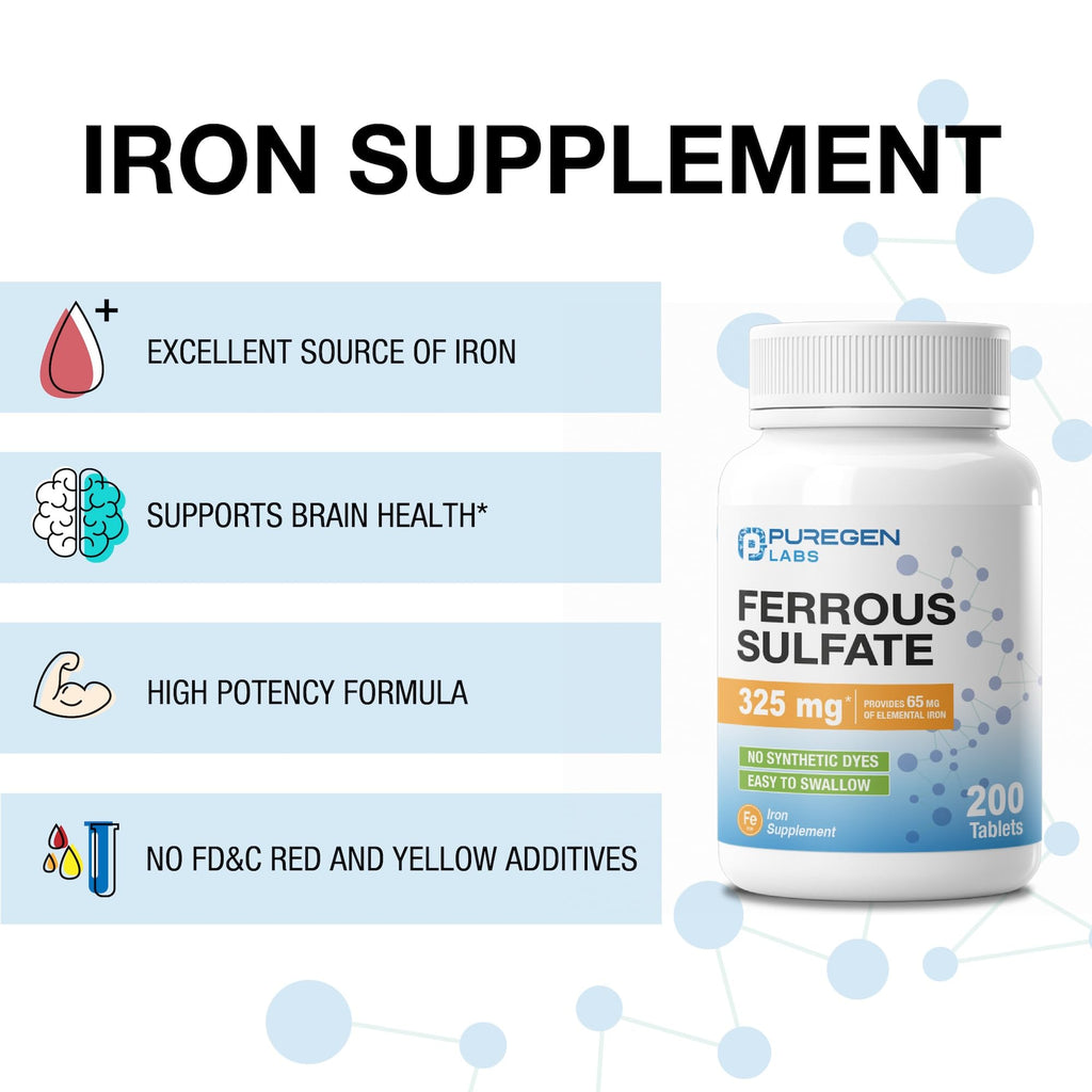 Puregen Labs Ferrous Sulfate 325 mg (65 mg Elemental Iron) High Potency Iron Supplement | No Artificial Color Additives - 200 Tablets