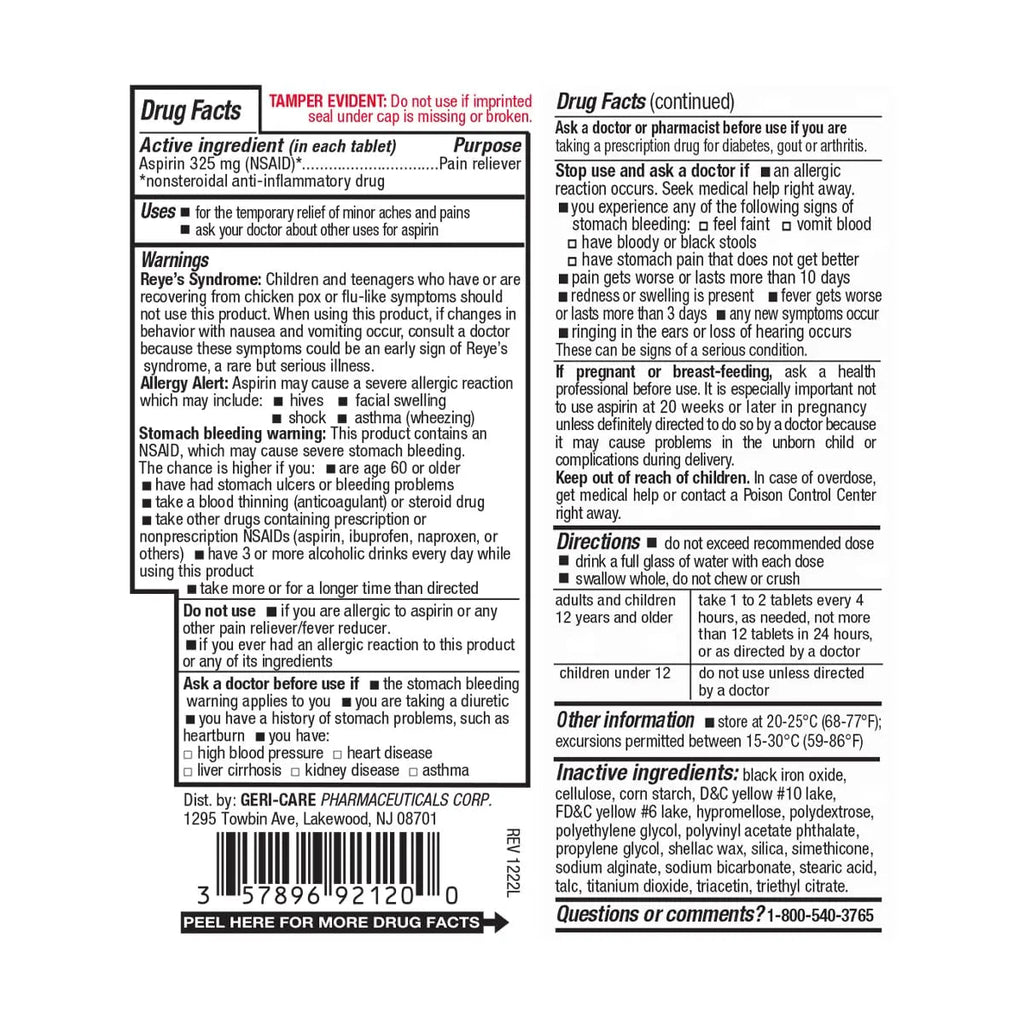 GeriCare Enteric Coated Aspirin Tablets 325mg (200 Count) NSAID Pain Reliever & Fever Reducer for Adults- Regular Strength Aspirin for Headache Arthritis Menstrual & Muscle Pain GeriCare Au supplements