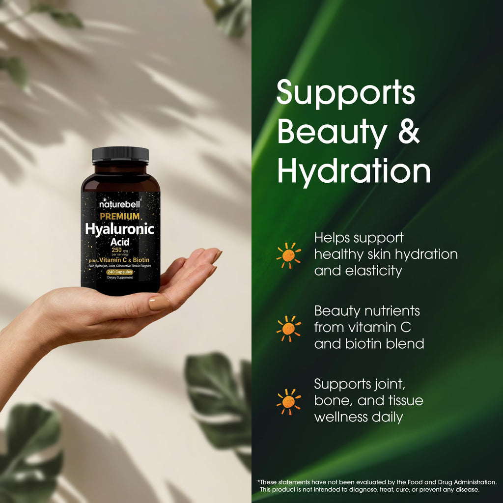 NatureBell Hyaluronic Acid 250mg - 240 Capsules - 250mg Hyaluronic Acid, 5000mcg Biotin & 25 mg Vitamin C - Supports Skin