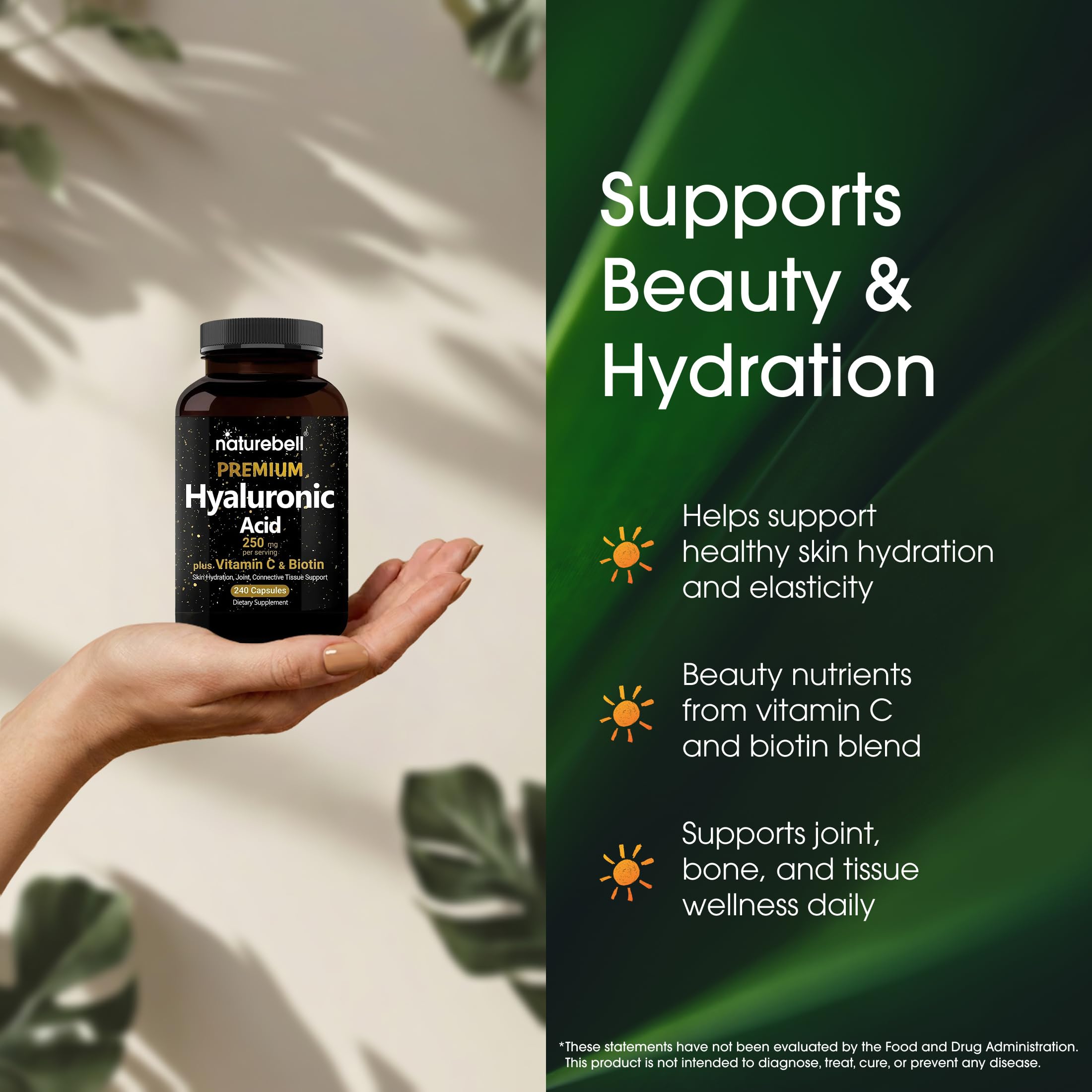 NatureBell Hyaluronic Acid 250mg - 240 Capsules - 250mg Hyaluronic Acid, 5000mcg Biotin & 25 mg Vitamin C - Supports Skin