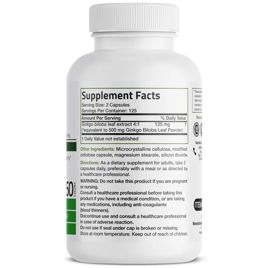 Bronson Ginkgo Biloba Extra Strength 125mg (4:1 Extract) Equivalent to 500mg Bronson Au supplements