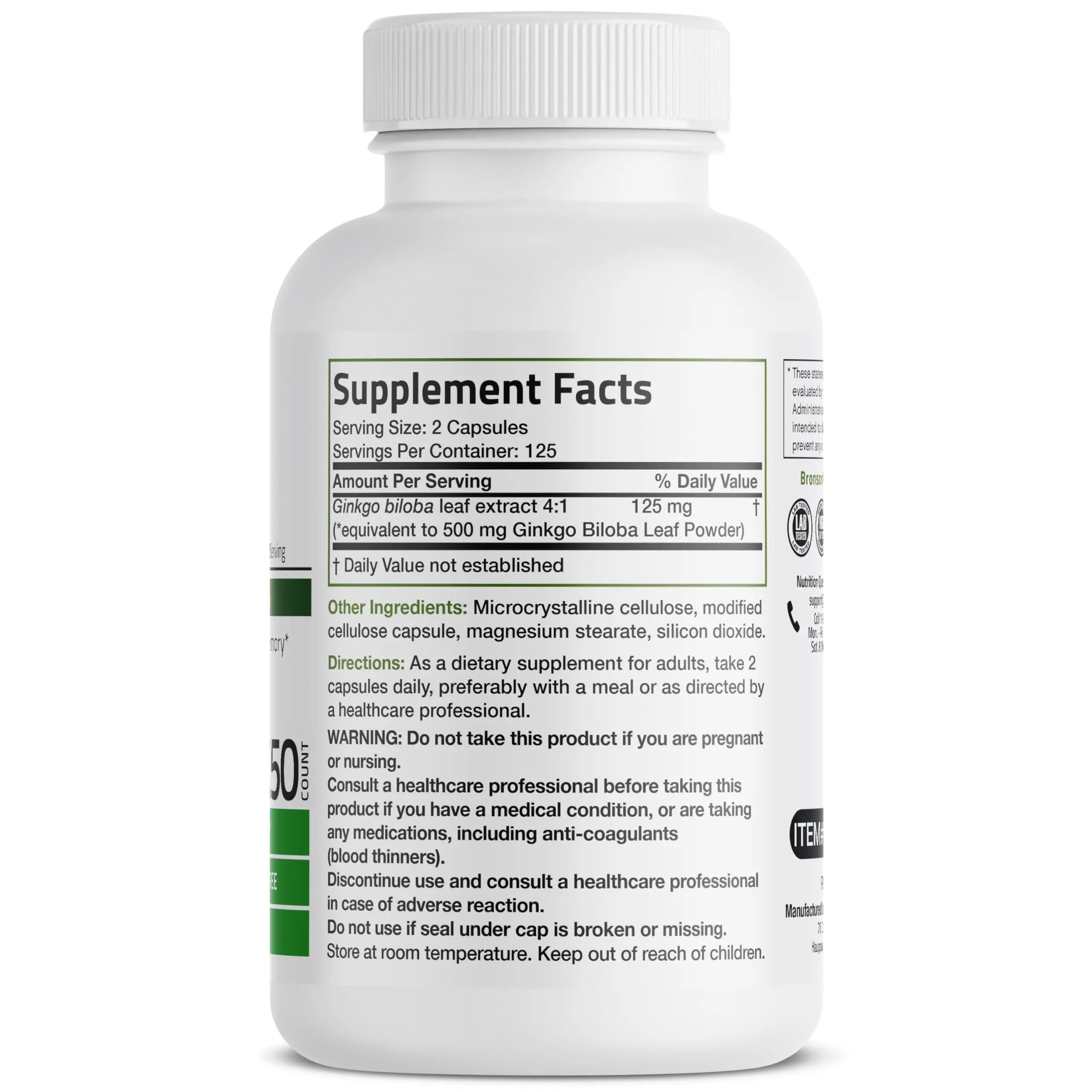 Bronson Ginkgo Biloba Extra Strength 125mg (4:1 Extract) Equivalent to 500mg Bronson Au supplements