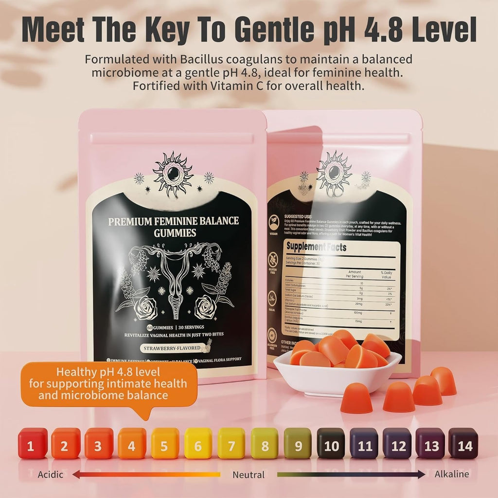 NIUSISE Feminine Balance Gummies, Premium Balance Supplement for Women PH Health, Immune Support, Energy Support, Vegan, Gluten-Free, Strawberry Flavor,