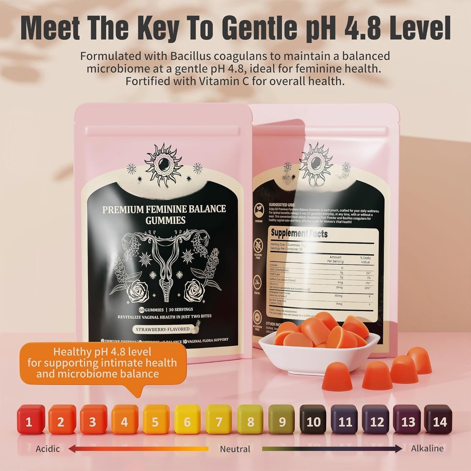 NIUSISE Feminine Balance Gummies, Premium Balance Supplement for Women PH Health, Immune Support, Energy Support, Vegan, Gluten-Free, Strawberry Flavor,